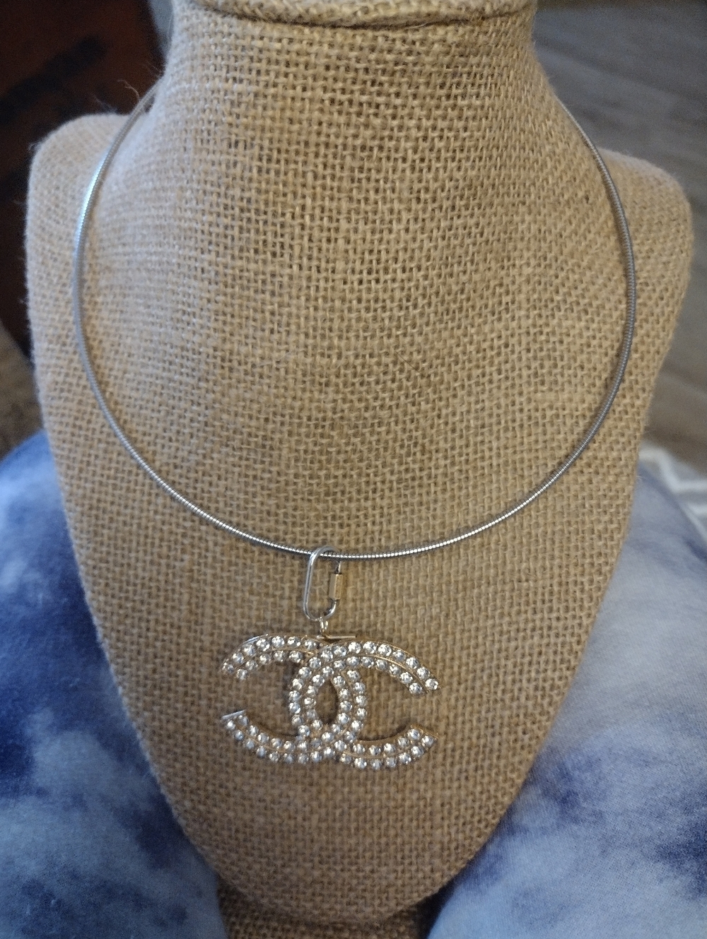 Rhinestone CC Pendant Brooch On Collar Hoop Necklace
